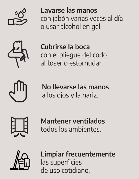 Lavarse las manos con jabón varias veces al día o usar alcohol en gel. Cubrirse la boca con el pliegue del codo al toser o estornudar. Mantener ventilados todos los ambientes.No llevarse las manos a los ojos y la nariz.  Limpiar frecuentemente las superficies de uso cotidiano. 